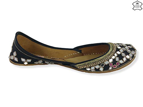 Image of Fulkari Women's Mirror Genuine Soft Leather Juttis | Bite and Pinch Free Jutis | Ladies Punjabi Jutti | Wedding Flat Stylish Mojari | Phulkari Ethnic Flats For Girls |