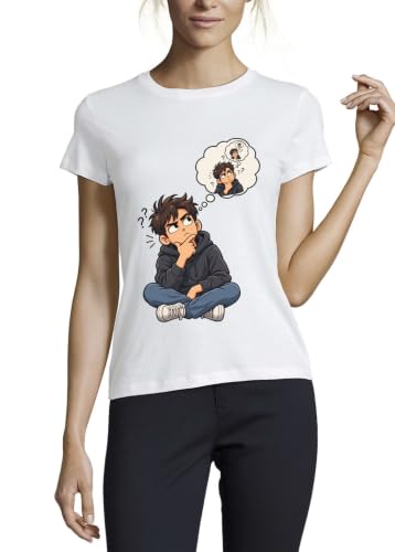 Image of Young man deep in Endless Thoughts Crew Neck Cotton Women's T-Shirt White Medium