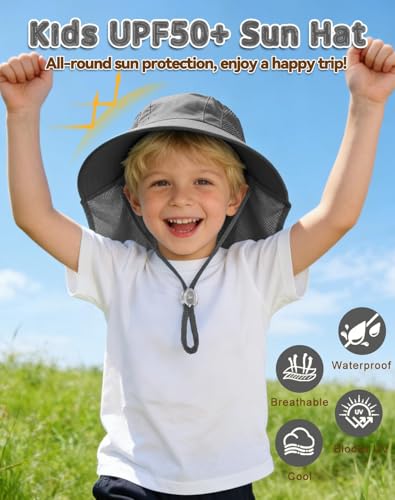 Image of Rosoz Kids Sun Hat with Neck Flap UV Protection Summer Toddler Beach Hat Unisex Ponytail Hat Wide Brim Fishing Hat