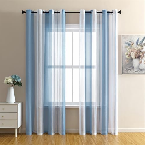 Surwin Lot de 2 Rideau Voilage, Style Nordique Bicolore Rideau à Oeillets, Voiles Intérieurs Translucides, Rideaux Salon Moderne pour Décorer Salon, Chambre, Cuisine (Bleu Clair,140x260cm)