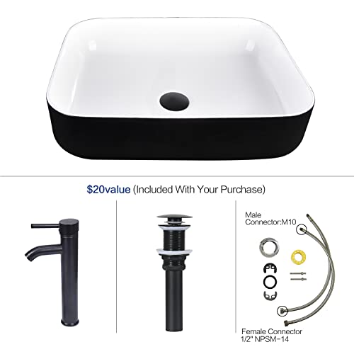 Puluomis 24 Inches White Traditional Bathroom Vanity With Square Black Ceramic Porcelain Sink Top, Wood Single Vessel Sink Bowl With Faucet Set #TOP5
