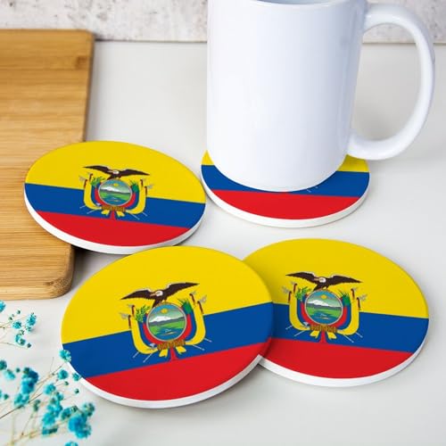 Lot de 4 dessous de verre ronds en céramique absorbant le drapeau de l'Équateur pour la cuisine, la protection de table basse