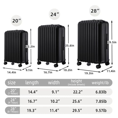 20"/24"/28" 3 Pcs/set in ABS Spinner Wheel Luggage Carry on Suitcase with Cup Holder & USB Port & Phone Holder-Black2