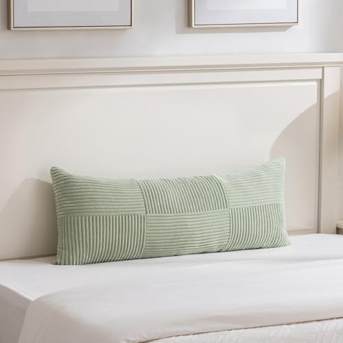 Image of Fancy Homi Set of 2 Sage Green Boho Long Lumbar Body Decorative Throw Pillow Cover 14x36 Inch for Bed Couch Bedroom Bench, Soft Patchwork Corduroy Textured Pillow Case, Rustic Farmhouse Room Decor