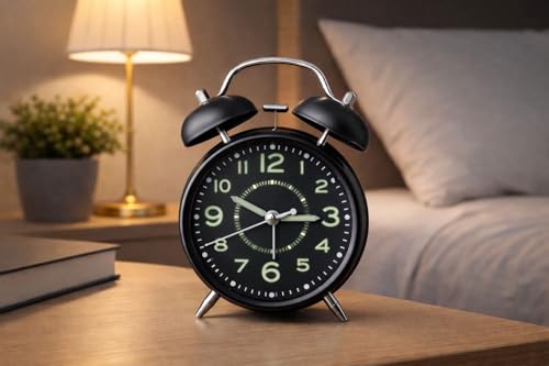 Image of JASIFS Analog Alarm Clock for Heavy Sleepers Loud Clock for Adults, Metal 4 Inches Twin Bell Table Clock with Backlight Alarm Clocks for Students Decoration Bedroom /Office (Metal Black Luminous)