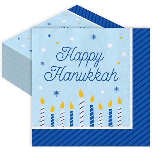 Image of Whaline 80Pcs Hanukkah Paper Napkins 6.5 x 6.5 In Blue White Disposable Napkins Chanukah Candle Dinner Napkins for Winter Holiday Party Supplies Table Decor