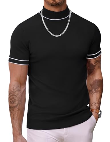 Pull tricoté col roulé manches courtes coupe slim homme noir