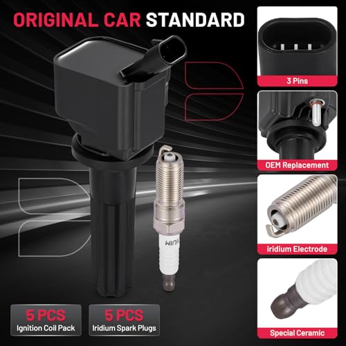 Image of BDFHYK 5 Ignition Coil Pack UF497 and 5 Iridium Spark Plug 5019 Compatible with Chevrolet Colorado, Compatible with GMC Canyon, Compatible with Hummer H3 H3T 3.7L l5 Coil for 12596547 12612369