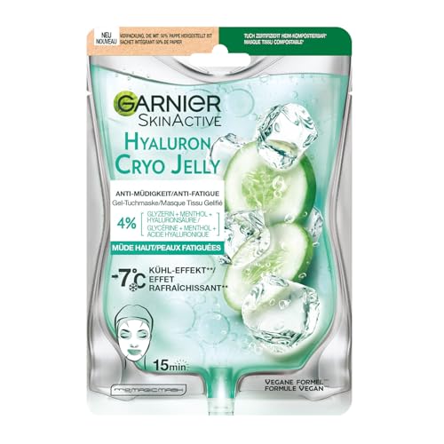 GARNIER Skin Active – Gesichtsmaske aus Gelgewebe Hyaluron Cryo Jelly – gegen Müdigkeit & erfrischende Wirkung – Glycerin, Menthol & Hyaluronsäure – Vegan & Cruelty Free – Müde Haut – 1 Stück