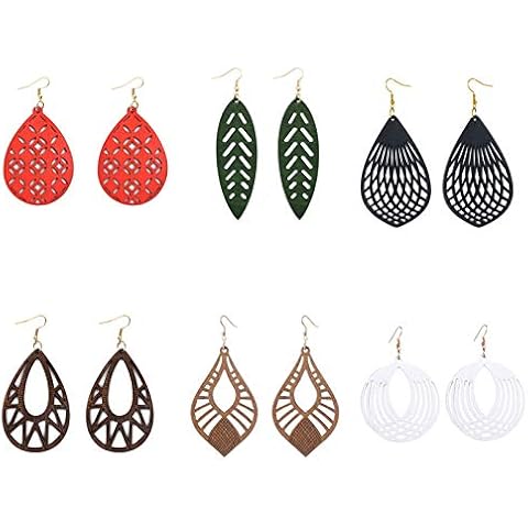 6 Pairs Ethnic Wooden Dangle Earrings Bohemian Wooden Hollow African Drop Earrings Sets Lightweight African Style Wood Teardrop Hook Earrings Retro Natural Wood Statement Earrings Jewelry Cover