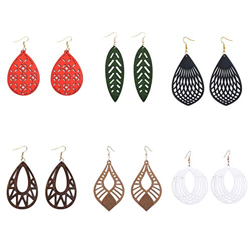 6 Pairs Ethnic Wooden Dangle Earrings Bohemian Wooden Hollow African Drop Earrings Sets Lightweight African Style Wood Teardrop Hook Earrings Retro Natural Wood Statement Earrings Jewelry #TOP29