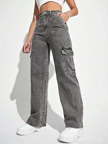 Image of Glossia Fashion High Waist Cargo Denim Jeans for Women Wide Leg Stretchable Straight Fit Jeans(WJ1-1215-$)