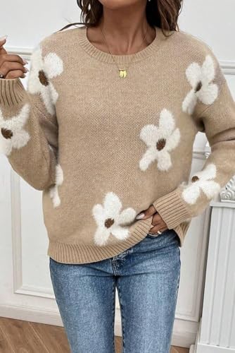 Women's Parchment Flower Pattern Crew Neck Sweater with Ribbed Trim2
