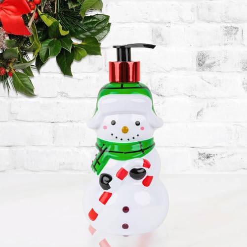 Image of Simple Pleasures Snow Frosting Hand Soap Dispenser - 16.9 fl oz Refillable Holiday Soap, Ceramic Snowman Design with Candy Cane & Green Scarf - Festive Winter Bathroom & Kitchen Decor Gift