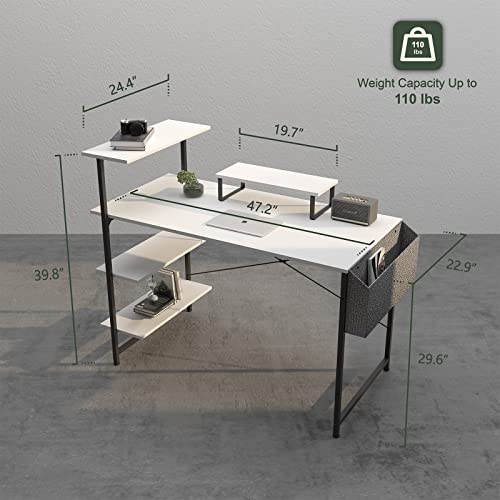 Innerjoin 47 Inch Computer Desk With Shelves, Home Office Desk With Monitor Stand, 4 Tier Shelves, Storage Bag, Metal Frames, White #TOP1