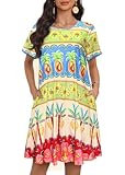 My Sky Women’s Summer Short Sleeves Dresses T-Shirt Casual Bohemia Loose Flowy Sundress(Bohemia Pineapple,3XL0)