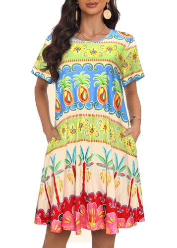 Image of My Sky Summer Dresses for Women 2026 Casual Short Sleeves Tshirt Flowy Beach Plus Size Sundress with Pockets