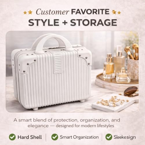 Image of Makeup Case Suitcase, Mini Bag, Mini Hard Shell Travel Luggage, Women Portable Water Proof Carrying Suitcase, Organizer, Small Hard Shell Cosmetic Lugge Bag, Water Proof (B - White)