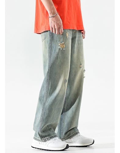 Baggy Wide-Leg Jeans for Men Ripped Straight Casual Loose Fit Distressed Plus Size Denim Pants with Pockets2