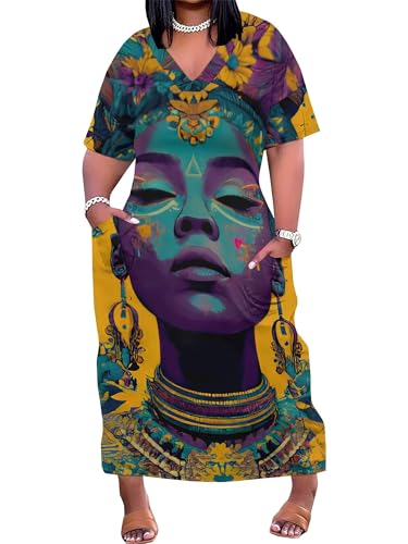 Image of Plus Size Maxi Dress for Women Short Sleeve V Neck Casual Loose Sundress with Pockets