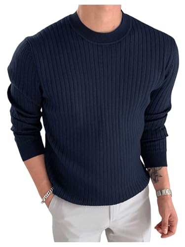 OYOANGLE Men's Round Neck Long Sleeve Ribbed Knit Sweaters Solid Basic Comfortable Casual Pullover Tops