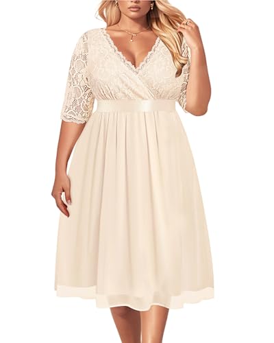 Image of Pinup Fashion Plus Size Lace Chiffon Wrap V Neck Dresses Women Cocktail Wedding Guest Midi Dress