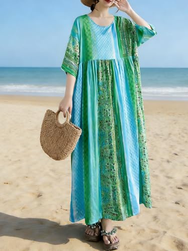 Image of Women Summer Dress with Pockets Plus Size Boho Floral Print Round Neck Loose Casual Flowy Dress