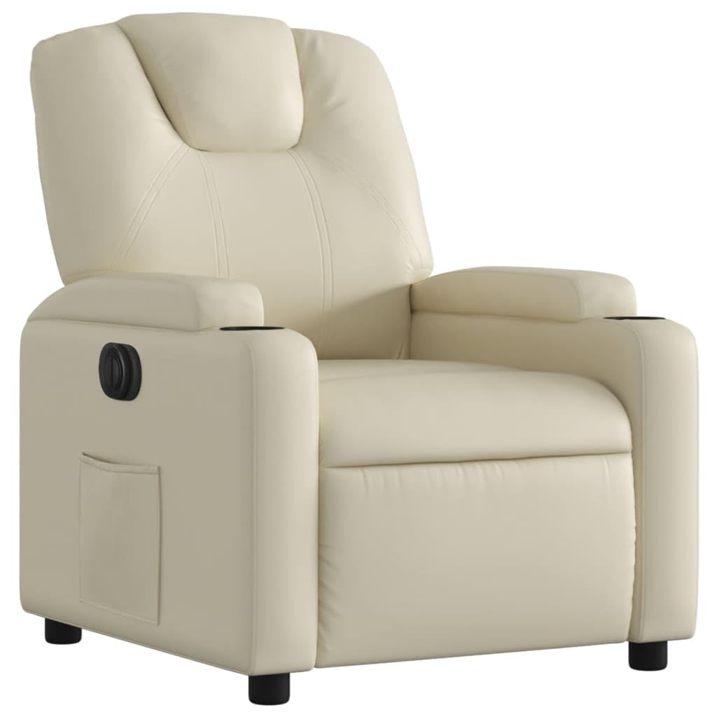 Sillón de relax eléctrico de piel sintética con función reclinable, 135 grados, soporte para bebidas y bolsillo lateral, marco de madera y metal, soporta hasta 110 kg, color crema