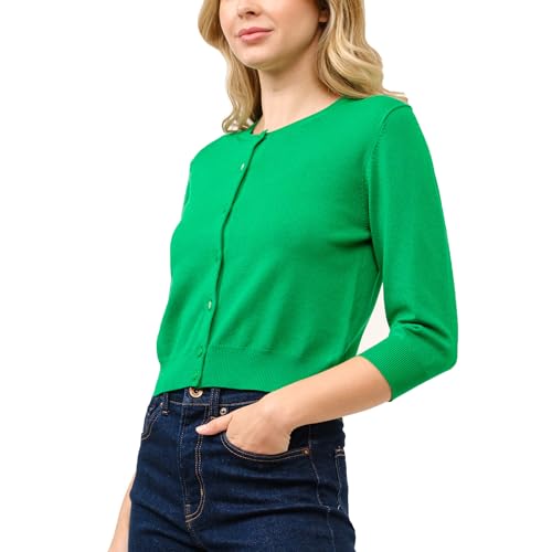 Image of Women's Cropped Cardigan 3 /4 Sleeve Crewneck Button Up Sweater Knit Top (S~XL)
