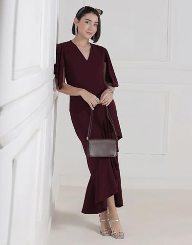 Image of Selvia Wine Flutter Sleeve Bodycon Midi Dress for Women, V-Neck Ruffle Hem Outfit