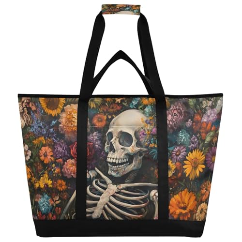 Skeleton Colorful Flowers Large Insulated Tote Bag for Grocery Shopping Reusable Tote Bags for Women Men, Cooler Bag with Zippered Top & Handles for Beach Picnic Travel