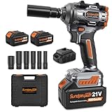 SundpeyPRO Clé à Choc Sans Fil 1000 Nm, Boulonneuse à Choc Électrique 21V avec 2 Batteries 4.0Ah et 6 Douilles, Moteur Brushless, pour Démontage de Roues, Mécanique Auto et Bricolage