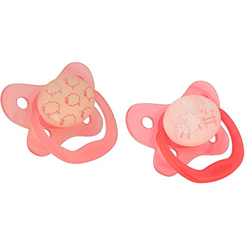 Image of Dr. Brown's Prevent Orthodontic Baby Pacifier, Suction Free Air Channel, Contoured Butterfly Shield is Gentle on Face, Made in USA, Stage 1, 0-6m, 2-Pack, Glow in The Dark - Pink