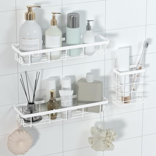 Uninol Shower Caddy Organizer with Hooks,Self Adhesive Bathroom Shelves,Shower Shelves,No Drilling