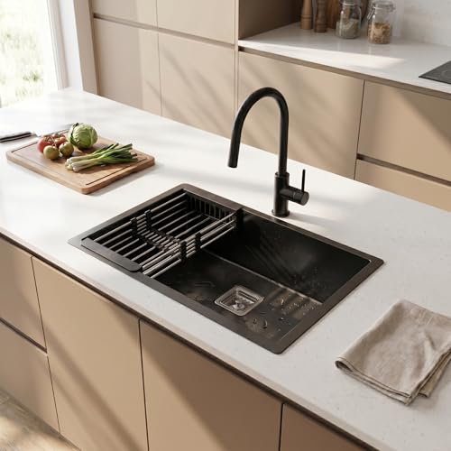 Image of InArt 304 Grade Stainless Steel Single Black Bowl Handmade Kitchen Sink 2mm Thickness High Grade Stainless Steel with Coupling and Fruit Basket (21 inch X 18 inch X 9 inch Inches)