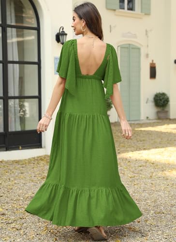 Image of Kikibell Women Summer Dresses Sexy V-Neck Maxi Dress Tiered Silhouette with Flutter Sleeve Backless Elastic Waist Flowy Dress