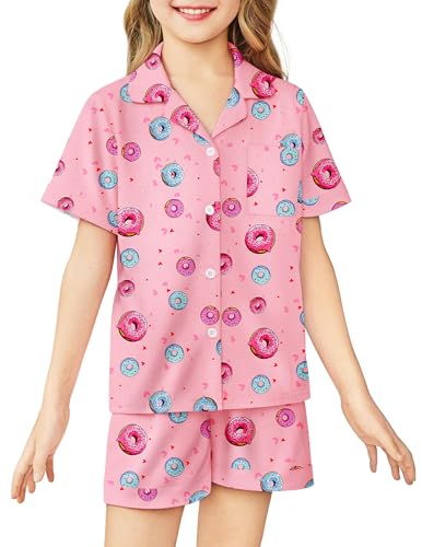 Image of Arshiner Girls Pajamas Sets Short Sleeve Kids Pjs Button Down Sleepwear | Cute Printed Pajamas for Little & Big Girl, Lightweight Comfy Fabric, 2-Piece Outfits, Perfect for Lounge Pajamas Party