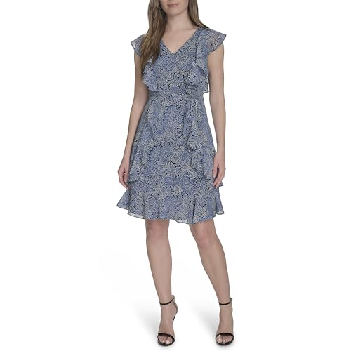 Image of Tommy Hilfiger Women's Sleeveless V-Neck Ruffle Trim Tie Waist Chiffon Mini Dress