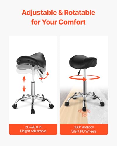 Image of VEVOR Saddle Stool with Wheels, 450 LBS Weight Capacity Ergonomic Rolling Stool, Height Adjustable Thickened PU Leather Swivel Saddle Chair for Salon, Spa, Massage, Tattoo, Clinic, Black
