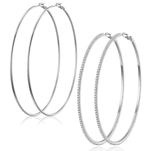 Sterling Silver Hoop Earrings For Women, Bmmye Big Silver Hoops With Cubic Zirconia Hypoallergenic Thin Silver Hoops Rhinestone Hoop Earrings Extra Large Silver Hoop Earrings For Women 100Mm #TOP6