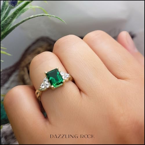 Dazzlingrock Collection 8x6mm Emerald Shape Lab Created Emerald & Round Lab Created White Sapphire Crisscross Shank Engagement Ring for Women in 10K Solid Gold2