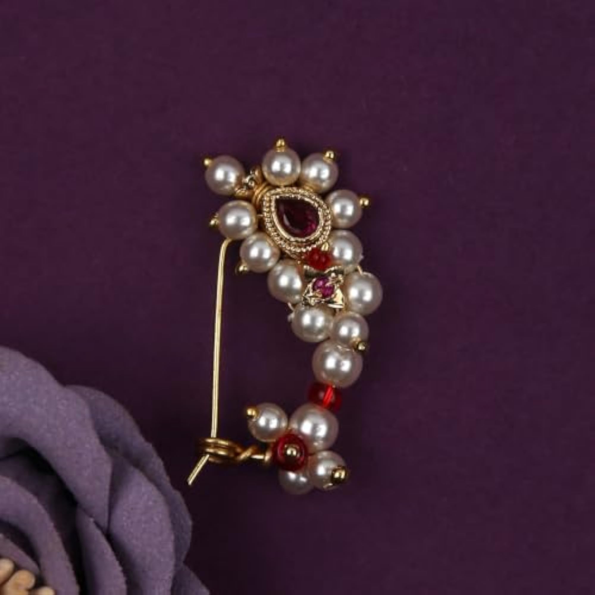 Maharashtrian Pink Stone & Pearl Stud Nose Pin, Traditional