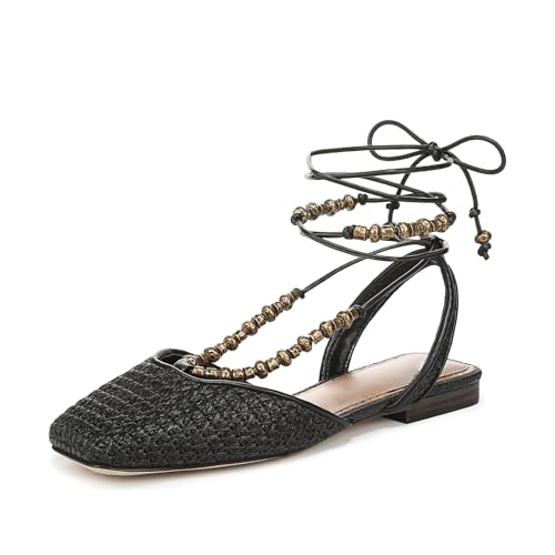 Raffia Ballet Sandals for Women Lace up Ankle Straps Flats Closed Square Toe Maryjane Dressy Casual Beaded Shoes
