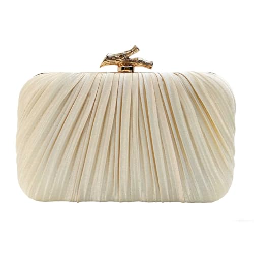 Bolsa Clutch Festa Feminina Creme Poliéster Plissado Com Fivela Formato De Galho Mão Ombro Transversal Correntes Removíveis Elegante