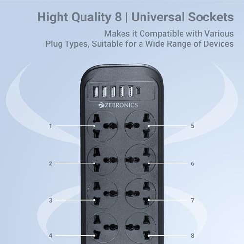 Image of ZEBRONICS Power BAR 282,Extension Board /Strip,2500 Watts,10 Amps,1x Type C Port(15.5W),8X Universal Socket,4+1 USB Port(15.5W),On /Off Switch,Overload Protection,Wall Mountable,2 Meter,Grey