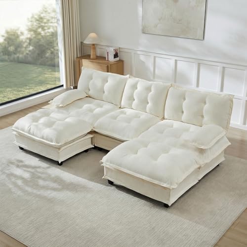 Image of 107 inch U-Shaped Sectional Couches for Living Room, Beige 3 Seater Modern Chenille Deep Seat Sofa Set, Salas para Casa, High Back Cloud Couch Modular Sectional Sets with 2 Ottoman