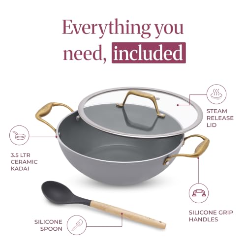 Image of Asai Ceramic Non Stick Kadai 26cm (3.5L) with Glass Lid & Spatula | Grey | Swiss Ceramic Coating | Gas & Induction Compatible | Stay-Cool Handles | Lab-Tested | 100% Toxin Free | Silicone Spatula