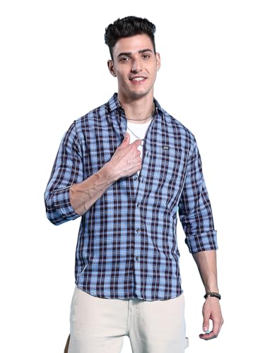 Image of The Indian Garage Co Men's Checkered Slim fit Casual Shirt Blue