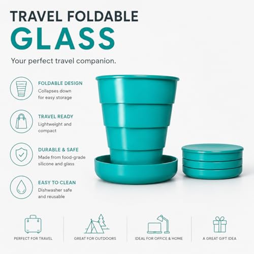 Image of Foldable Travel Glass | Collapsible Folding Travel Cup with Lid | Portable Silicone Drinking Glass | Leakproof & Reusable Cup for Traveling, Camping, School & Outdoor Use (Pack OF 1)