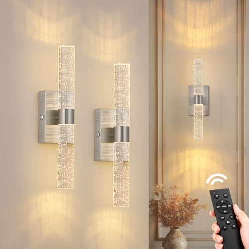 Image of Battery Operated Wall Sconces Set of 2, 20000mAh Rechargeable Wall Light | Remote Control 3000K-6000K Dimmable LED Wireless Sconces,Brushed Nickel,15.6 Inch